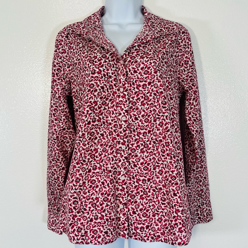 Lands’ End Red Floral Classic Button Front Long Sleeve Blouse Size 12 Preppy